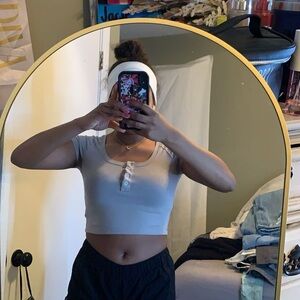 Blue Fitted Crop Top with Cap Sleeves and Polo Collar